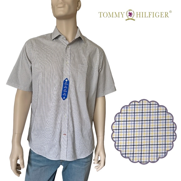 Tommy Hilfiger Shirt Button Up Short Sleeve Cotton Blend Window Pane Versatile - Picture 1 of 14